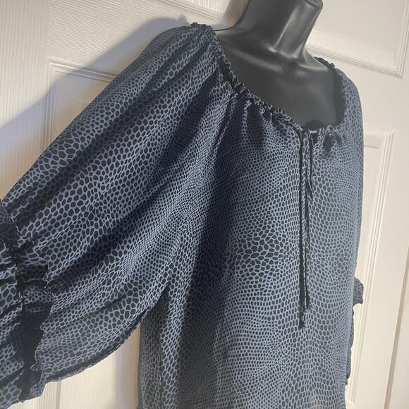 Parker Shirt Women XS Blue Black‎ Silk Peasant Ruffle Sleeve Sheer Animal Print - Picture 2 of 11
